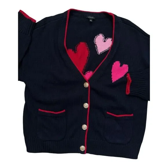 Talbots Cardigan Women's XL Navy Blue Pink Hearts Gold Buttons Valentines Day - Picture 5 of 5